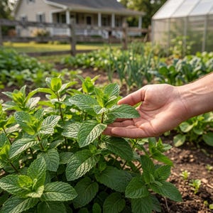 May include: A close-up of a lush mint plant with vibrant green leaves. A hand gently touches the plant, showcasing the texture of the leaves. The background features a garden setting with other plants and a house.