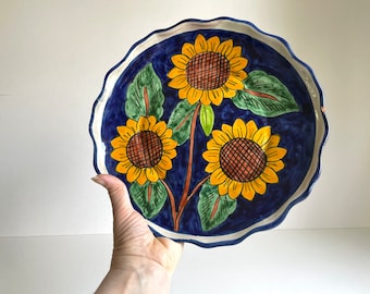 scalloped glazed ceramic hanging dish sunflowers southwestern