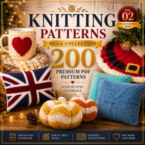 Peut inclure: Une collection numérique de 200 modèles de tricot intitulée Knitting Patterns Mega Collection Vol. 02. L'image présente une housse de tasse avec un cœur rouge, un coussin Union Jack, deux citrouilles tricotées et un coussin bleu avec des tutoriels.
