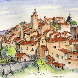 Digital download only-French Hilltop Town of Roussillon. Pen & Ink and Watercolor.