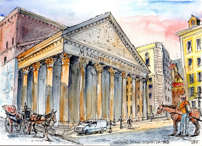 Digital download only-Watercolor of the Pantheon in Rome image 1