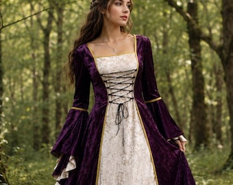 Renaissance Faire Fantasy heksenjurk, middeleeuwse gotische fluwelen baljurk, Halloween Witchy gemaskerd baljurk, Elven Larp-cosplaykostuum