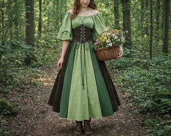 Renaissance Corset Fairy Dress, Medieval Cottagecore Fantasy Dress, Historical Viking Gown Woodland LARP Dress, Renaissance Medieval Costume