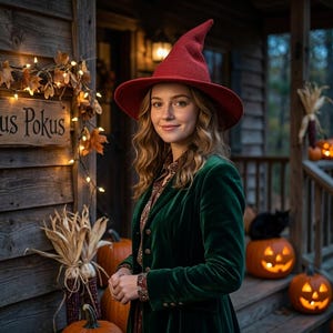 May include: A person wearing a red pointed witch hat and a dark green velvet blazer, standing in front of a wooden wall with a sign that reads Hokus Pokus, decorated with autumn leaves, string lights, corn stalks, and several lit jack-o'-lanterns.