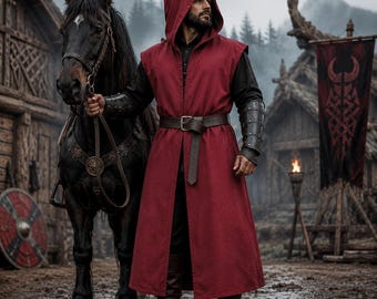 Ren Faire Men Viking Tabard, Medeltida Pirat Surcoat, Keltisk Steampunk Riddare Mantel, Renaissance Faire Medeltida Väst, Fantasy LARP Outfits