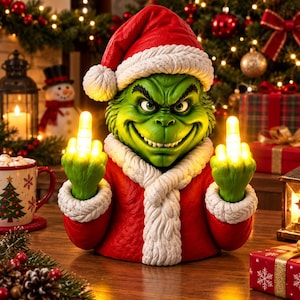 Puede incluir: Una figura de personaje verde con un gorro y abrigo de Papá Noel rojos con ribete blanco. El personaje tiene una expresión facial traviesa y levanta ambos dedos corazón, que están iluminados con luces LED amarillas brillantes.