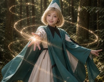Gotisk häxhattkostym, magisk flickadräkt, renässansklänning, mörk fantasy lajv-cosplay, häxtillbehör, häxkostymtopp