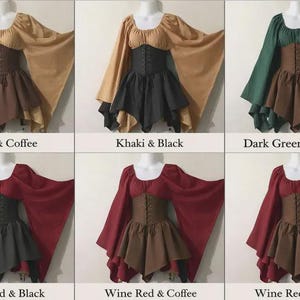 Op de afbeelding: Een collectie tops in renaissancestijl in verschillende kleurencombinaties. Elke top heeft een nauwsluitend lijfje, een uitlopende rok en lange, vloeiende mouwen. Kleuropties zijn kaki, zwart, donkergroen, wijnrood en koffie.