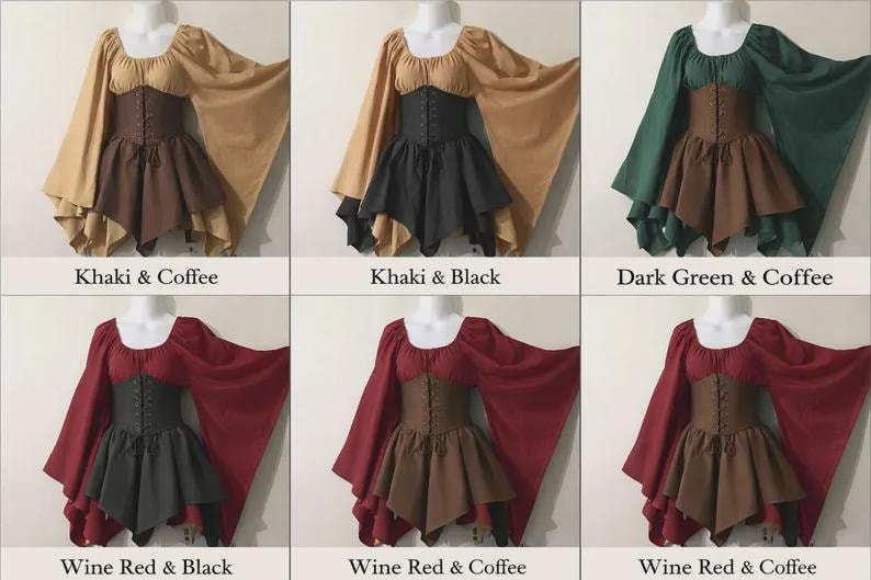 Op de afbeelding: Een collectie tops in renaissancestijl in verschillende kleurencombinaties. Elke top heeft een nauwsluitend lijfje, een uitlopende rok en lange, vloeiende mouwen. Kleuropties zijn kaki, zwart, donkergroen, wijnrood en koffie.