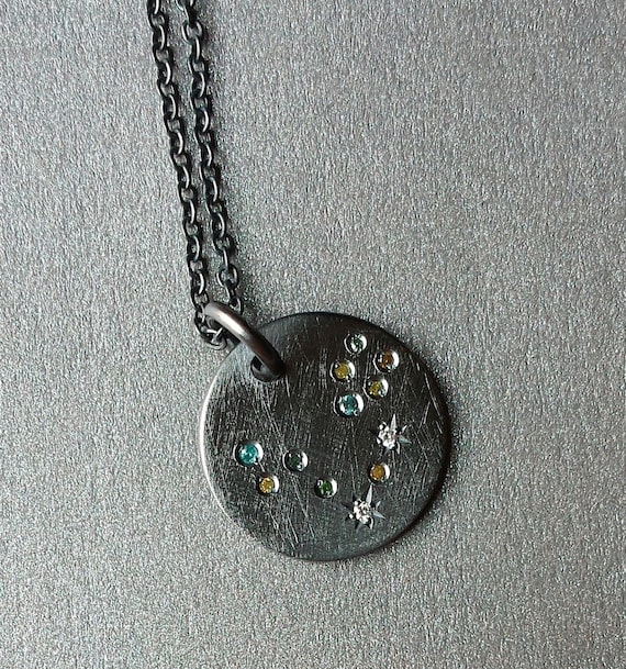 Constellation Necklace - Pisces - Star Set White, Colored Diamond and Sapphire Mix in Oxidized Silver - Constellation Jewelry