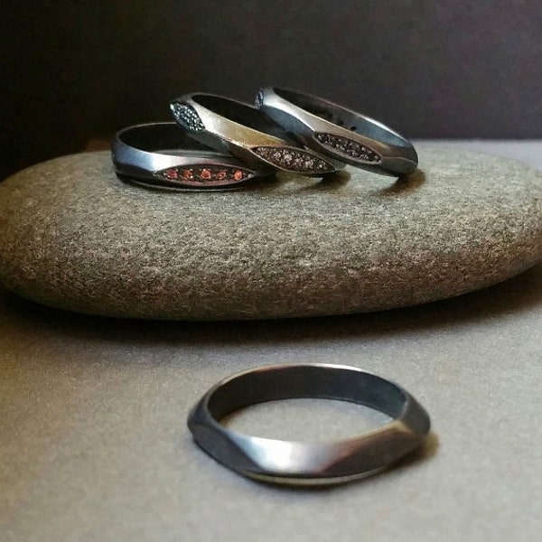 Silver Stacking Rings  Carved Bands In Bright Silver Or Oxidized Sterling Silver Finish With Pave Set Gemstones Fine Jewelry