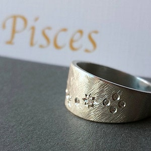 Anillo de constelación - Anillo Piscis - Signo del Zodiaco - Hecho a mano - En plata de ley con conjunto gitano y diamantes blancos en forma de estrella Joyería fina