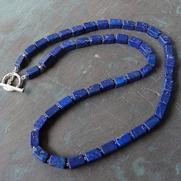 Fine Jewelry Necklace Unusual Matt Lapis Rectangular Beads With Sterling Silver Toggle Clasp