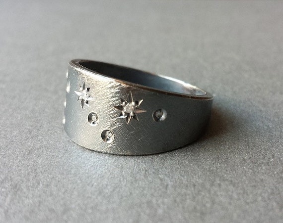 Constellation Ring - Aquarius - Zodiac Jewelry - Star and Gypsy Set White Diamonds In Oxidized Sterling Silver Fine Jewelry