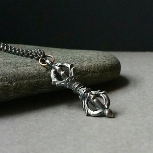 Silver Necklace Pendant Charm Vajra In Oxidized Sterling With Gold Loop And Cable Chain Fine Jewelry