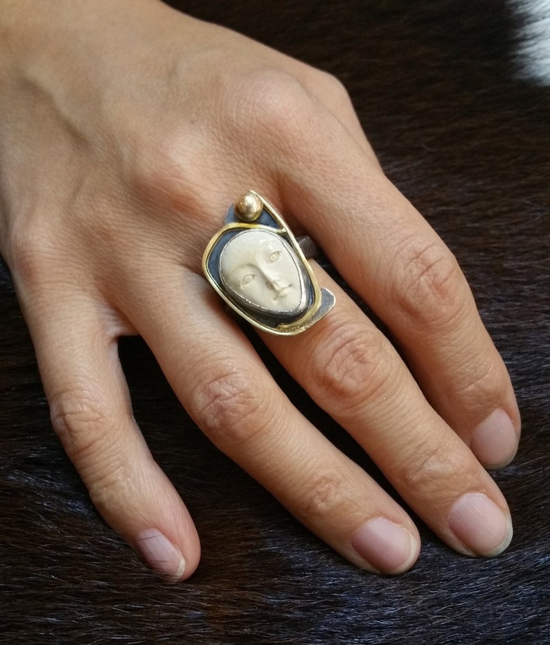 Bone Ring Handmade Carved Bone Face Ring in Oxidized - Etsy