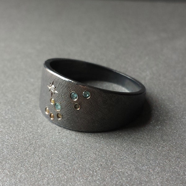 Constellation Ring - Leo - Zodiac Astrology Jewelry - Gypsy Set Ring - Leo Constellation Pave Set Colored Diamonds in Oxidized Silver Ring