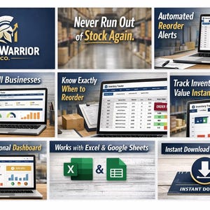May include: A promotional image for StockWarrior Co. displays a logo with a Spartan helmet. The image highlights features like automated reorder alerts, inventory tracking, and a clean dashboard. Text includes "Never Run Out of Stock Again" and "Instant Download - Start Today!"