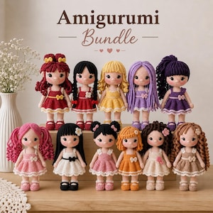 May include: A collection of eleven handmade amigurumi dolls with varied hair colors and styles, each wearing a crocheted dress with a white lace trim. The dolls are arranged in two rows, featuring yarn hair in shades of red, black, yellow, purple, pink, orange, brown, and tan. The text Amigurumi Bundle is displayed above.