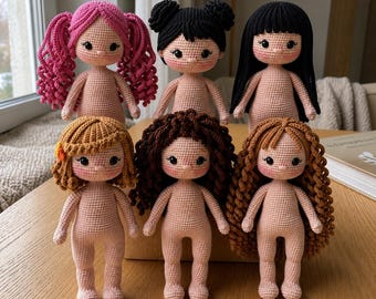 Virkmönsterpaket för amigurumi-docka | Basdocka med 6 frisyrer (PDF-nedladdning)