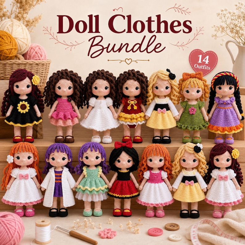 14-i-1 virkade dockkläder, mönsterpaket med amigurumi-kläder i PDF-format bild 1