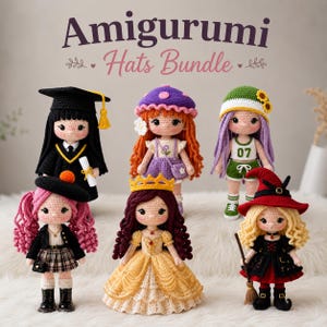 6-in-1 Hats Crochet Pattern PDF | Amigurumi Doll Hats | Crochet Pattern Bundle | Crochet Hats | Fantasy Amigurumi | Beginner friendly