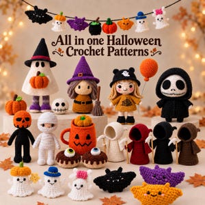 Op de afbeelding: Een verzameling gehaakte Halloween-figuren waaronder spoken, een heks, een skelet, een mummie, een pompoenmok en vleermuizen. De tekst "All in one Halloween Crochet Patterns" staat boven de figuren die met een slinger zijn gerangschikt.