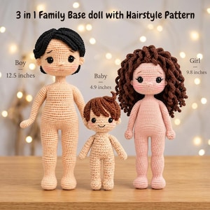 3-in-1 Amigurumi-Basispuppen-Set, Basispuppe Mädchen, Junge und Baby mit Frisur Häkelanleitung (PDF)