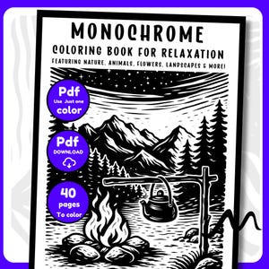 Monochrome Ausmalbuchseiten, kontrastreiche Outdoor-Motive, Tiere, Pflanzen & Pflanzen (PDF Download)