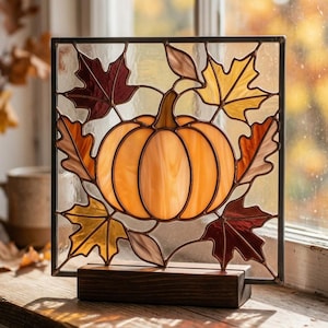 Pumpkin Stained Glass Pattern pdf - Autumn Leaves Suncatcher Panel, Fall Window Decor, Digital Download, svg png jpg Template