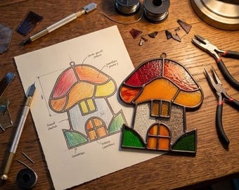 Mushroom House Stained Glass Pattern – Fairy Cottage Suncatcher (Digital Download)