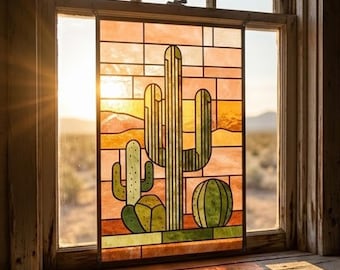 Stained Glass Pattern PDF - Cactus Desert Suncatcher, Southwest Glass Art, Boho Sunset Window Decor, Digital Download SVG PNG