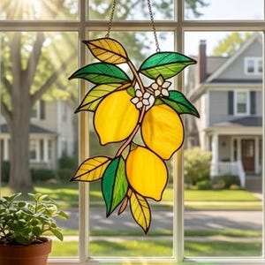 Op de afbeelding: Gebrandschilderd glazen raamdecoratie met een citroentak met drie gele citroenen, groene en gele bladeren en kleine witte bloemen. Het kunstwerk hangt aan een ketting voor een raam.