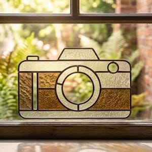 May include: A stained glass window panel featuring a camera design. The camera is outlined in black with sections of clear, tan, and brown glass. The window is set in a wooden frame, with a blurred outdoor background visible.