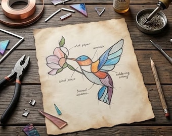 Stained Glass Pattern PDF - Hummingbird Suncatcher, Bird and Flower Design, Nature Window Decor, Garden Glass Art , SVG PNG