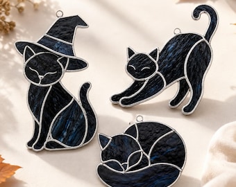 Black Cat Stained Glass Pattern Bundle, Halloween Cat Suncatcher Svg, Witch Cat Glass Template, A4 Pdf Png Jpg, 3 Designs, Diy Pattern
