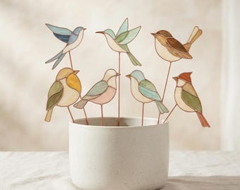 Motifs de vitraux d'oiseaux, piquets de jardin colibri, ensemble attrape-soleil pour fenêtre de style cottage, PDF SVG PNG
