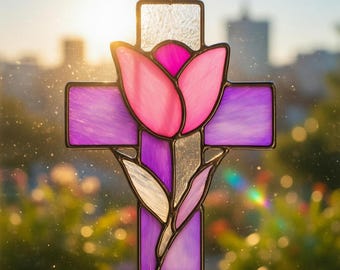 Modèle de vitrail PDF - croix Suncatcher Design, art chrétien du verre, croix florale, téléchargement numérique, modèle SVG