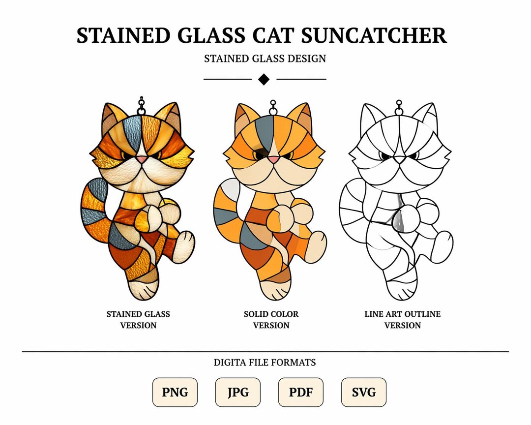 Stained Glass Pattern PDF - Cute Cat Suncatcher Design, Animal Window ...