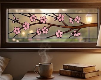 Mönster för målat glas i PDF-format - Körsbärsblomspanel, Sakura-grenens solfångare, blommig fönsterdesign, digital nedladdning, SVG PNG-mall