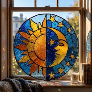 May include: A stained glass window depicting the sun and moon with stars. The sun is yellow and orange, while the moon is yellow with a face. The background is blue. The window is in a wooden frame.
