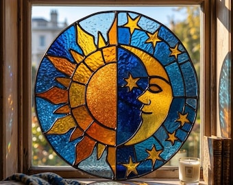 Stained Glass Sun Moon Pattern PDF, Celestial Suncatcher Design, Sun and Moon Glass Art, SVG PNG Download