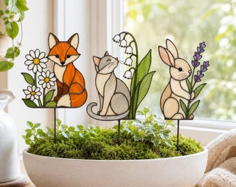 Ensemble de motifs vitraux renard, chat et lapin, piquet de jardin animaux de la forêt SVG, attrape-soleil floral, A4 PDF PNG JPG, 3 modèles, patron à faire soi-même