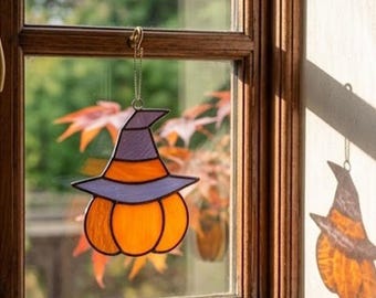Stained Glass Pattern PDF - Pumpkin Witch Hat Suncatcher, Halloween Glass Art, Digital Download, Beginner Project, SVG PNG Template