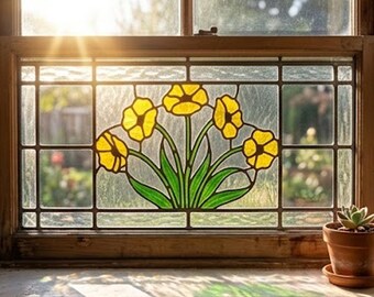 Stained Glass Pattern PDF - Daffodil Flower Panel, Spring Floral Window Decor, Botanical Glass Design, Digital Download, SVG PNG Template