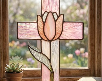 Tulip Cross Stained Glass Pattern pdf - Christian Floral Suncatcher, Religious Window Decor, Digital Download, svg png jpg Template