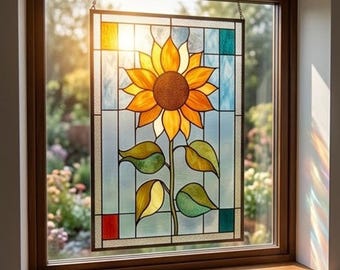 Stained Glass Pattern PDF - Sunflower Panel Design, Floral Window Glass Art, Digital Download, Beginner Project, SVG PNG Template