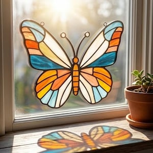 May include: A colorful stained-glass butterfly suncatcher with orange, blue, yellow, and white segments. The butterfly is mounted on a window, casting a shadow on the wooden sill. A small potted plant sits nearby.