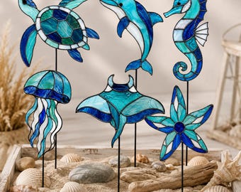 Patrones de vidrieras de tortugas marinas, delfines y caballitos de mar, medusas, mantarrayas y estrellas de mar, paquete de atrapasoles oceánicos, PDF SVG PNG