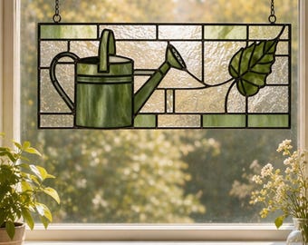 Stained Glass Pattern PDF - Watering Can Suncatcher, Garden Window Panel Design, Botanical Glass Art, Digital Download, SVG PNG Template